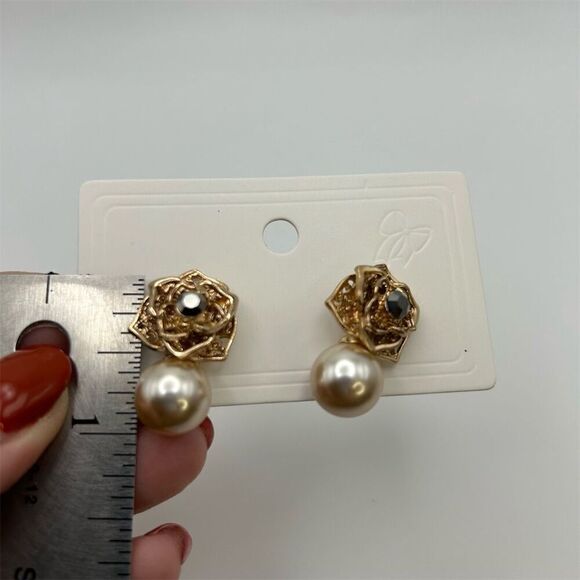 Textured Bronze Floral Stud Earrings with Faux Pearl Drop Classic Elegant - Picture 9 of 10